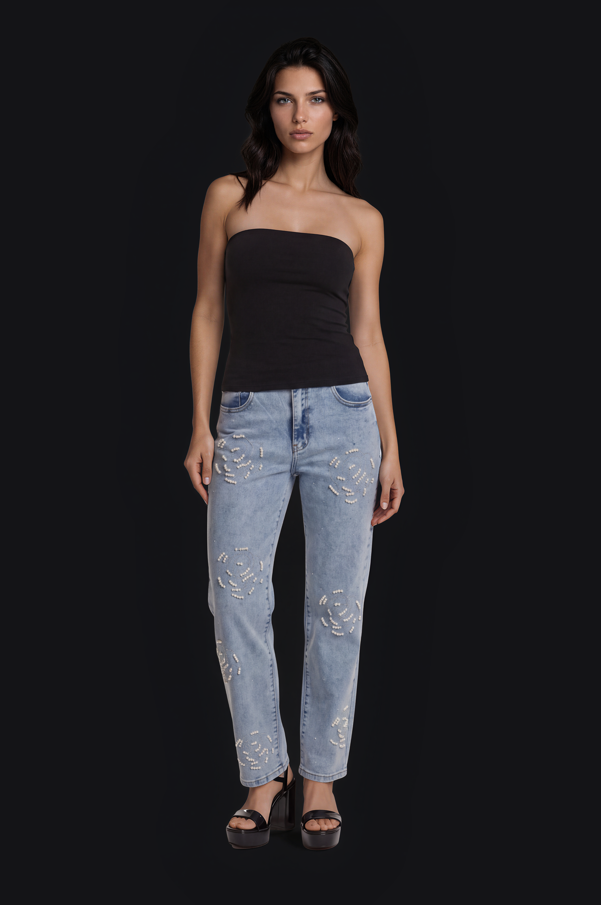 Crystal Flower Jeans – Blue