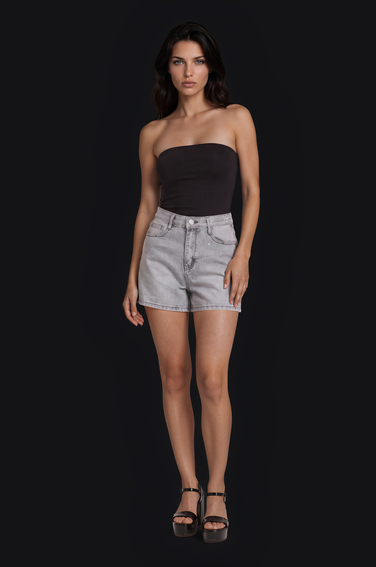 Crystal-Waist Denim Shorts – Grey — Women