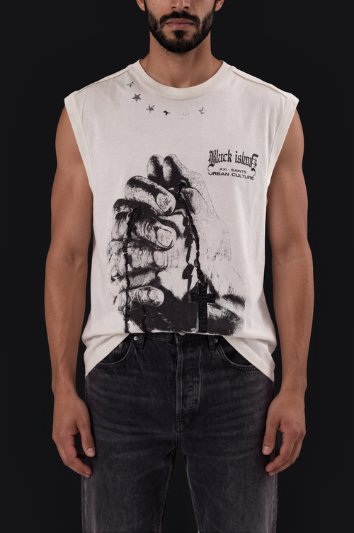 Black Island Fist Sleeveless Tee – White