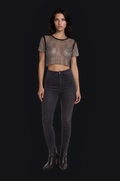 Crystal Mesh Cropped Tee – Black
