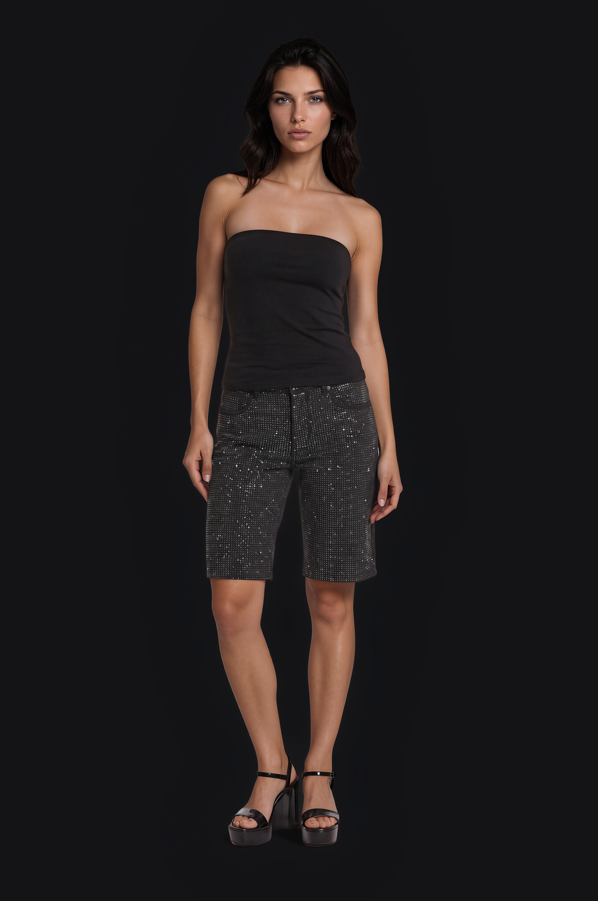 Crystal Denim Shorts – Black