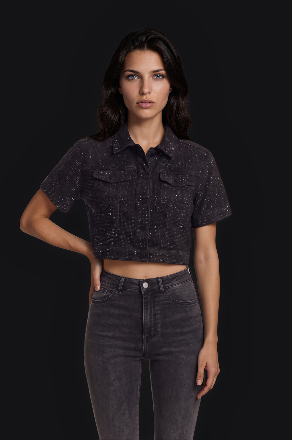 Crystal Cropped Denim Jacket – Black