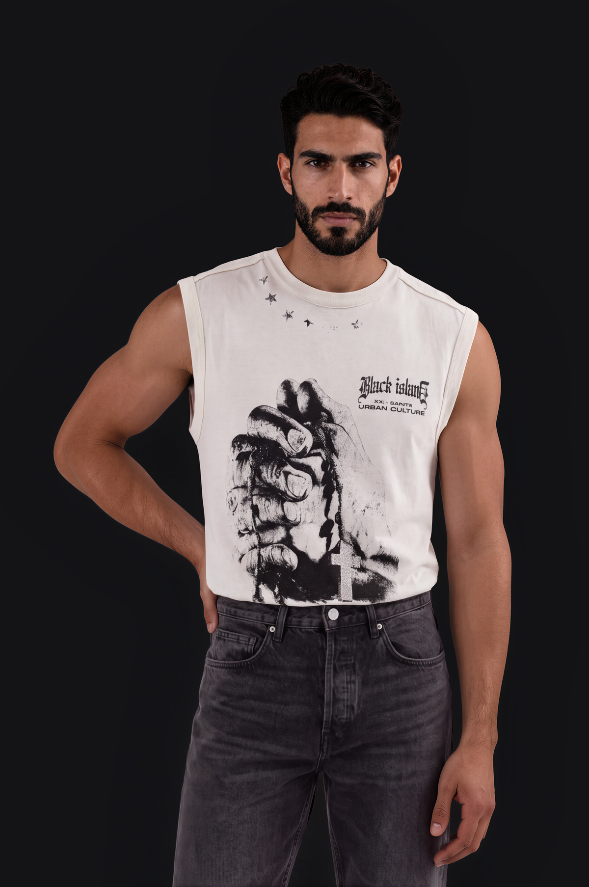 Black Island Fist Sleeveless Tee – White