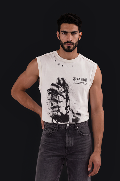 Black Island Fist Sleeveless Tee – White
