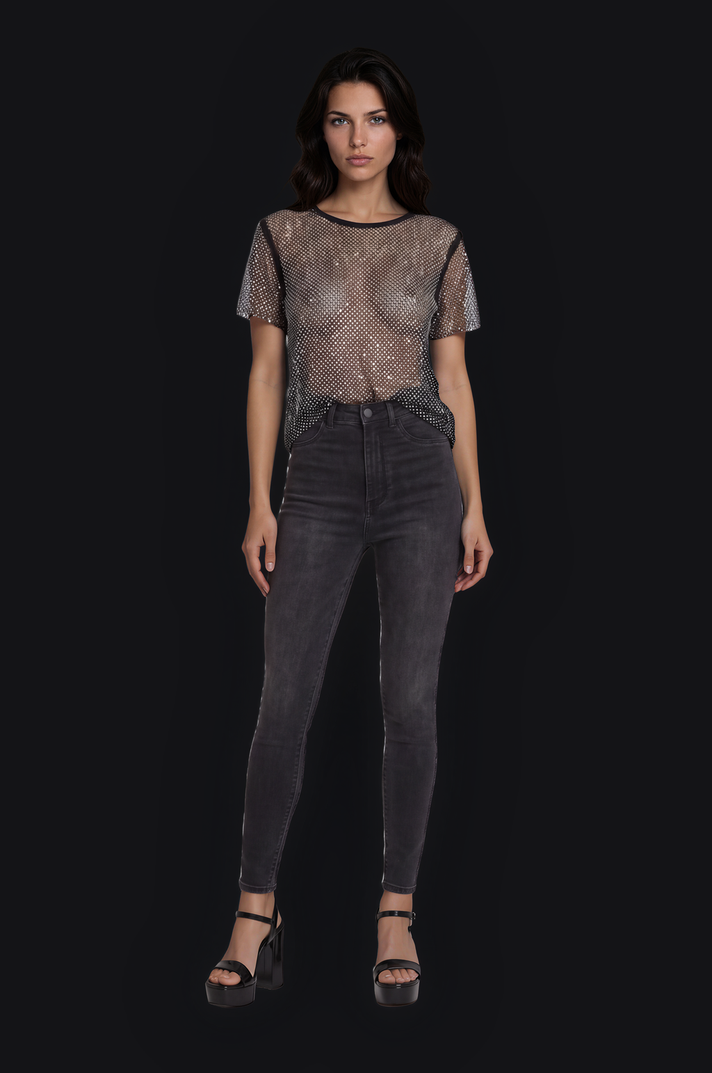 Holographic Crystal Mesh Cropped Tee – Black — Women