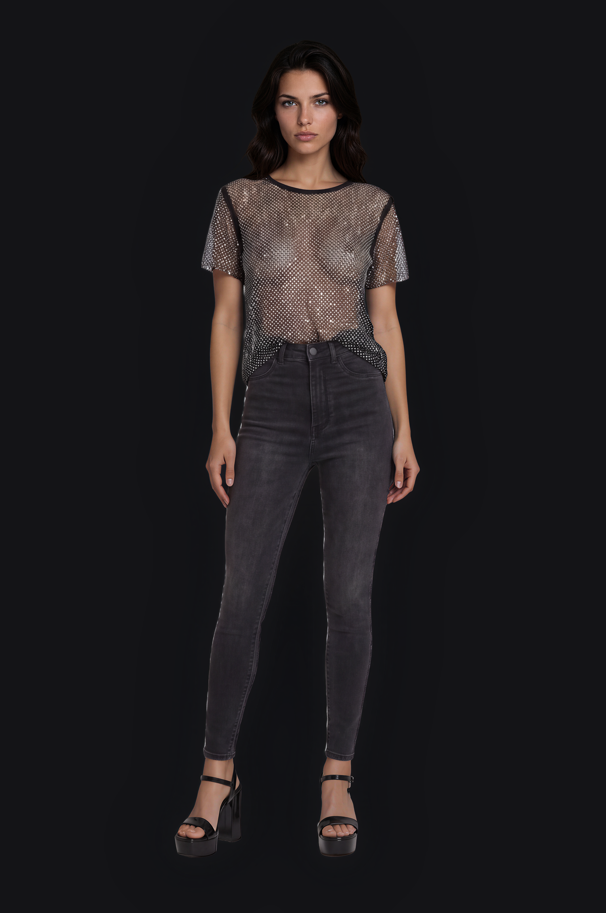 Holographic Crystal Mesh Cropped Tee – Black — Women