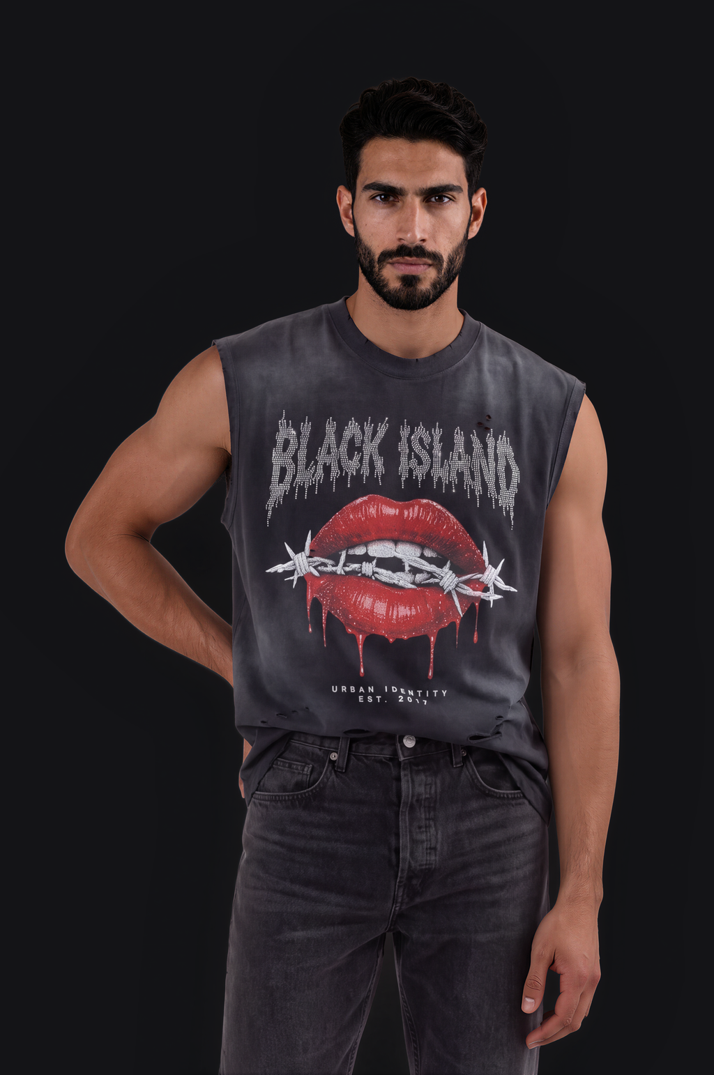 Black Island Lips Sleeveless Tee – Black — Men