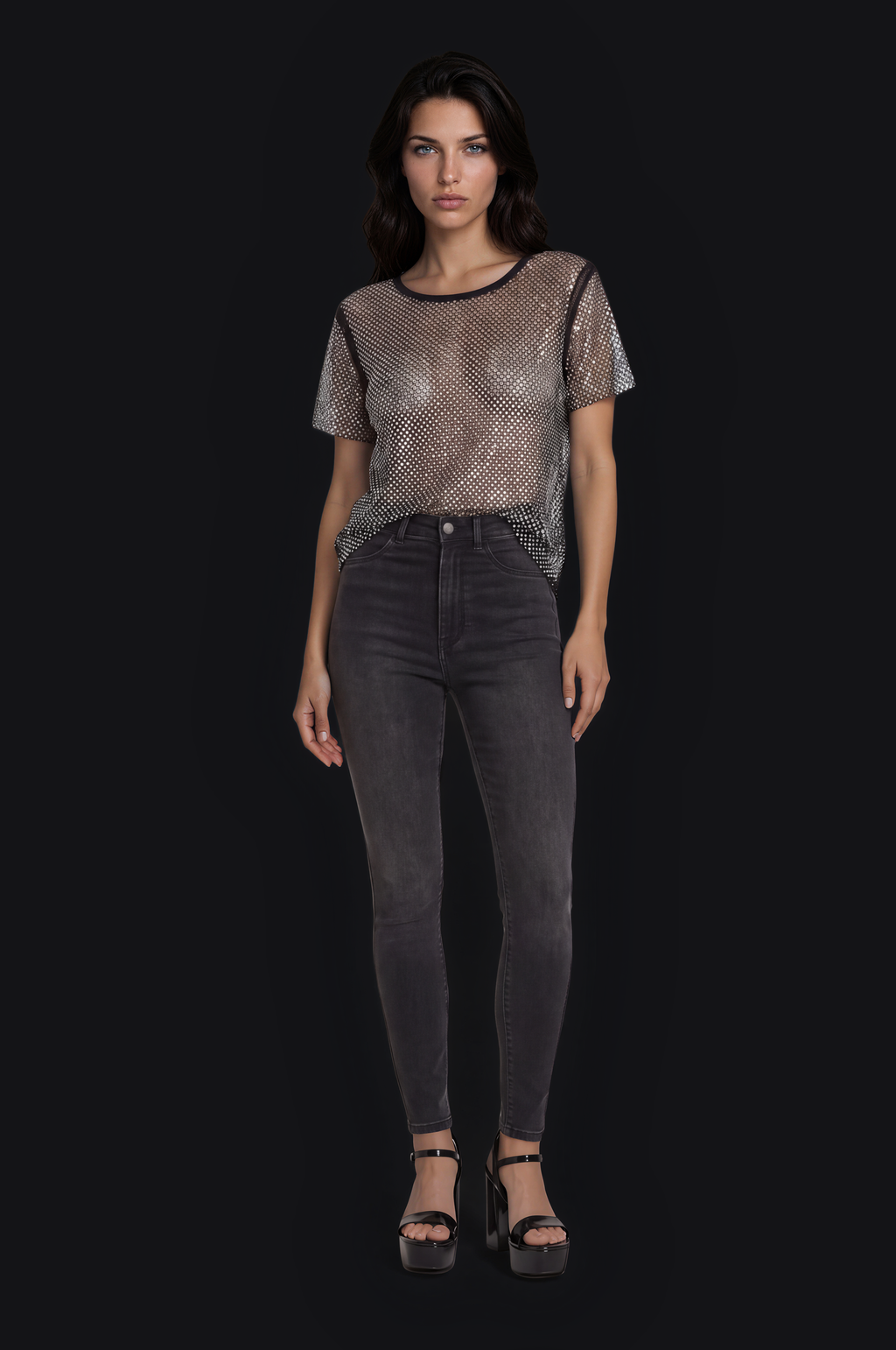 Holographic Crystal Mesh Cropped Tee – Black — Women