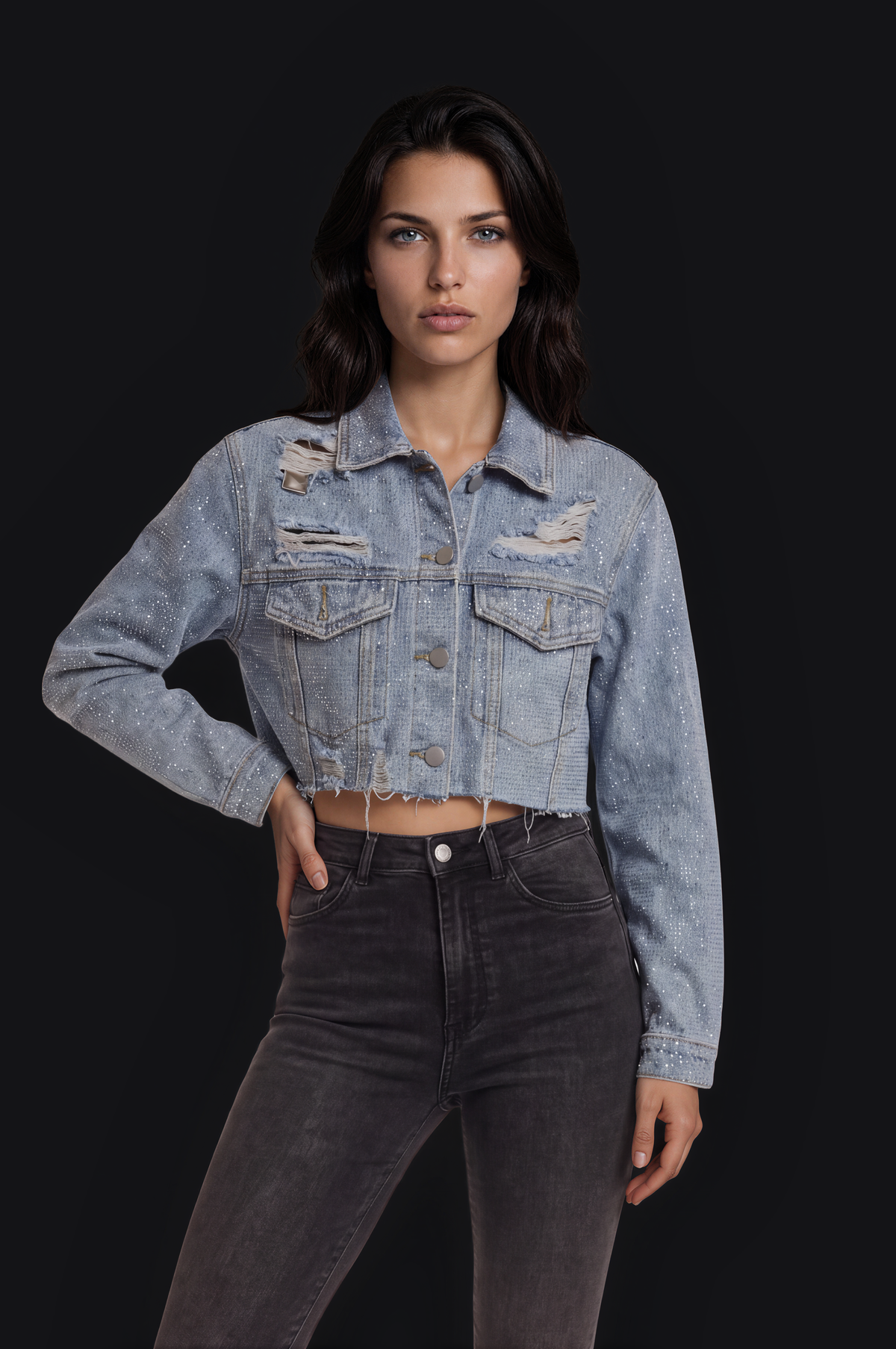 Distressed Cropped Denim Jacket – Blue