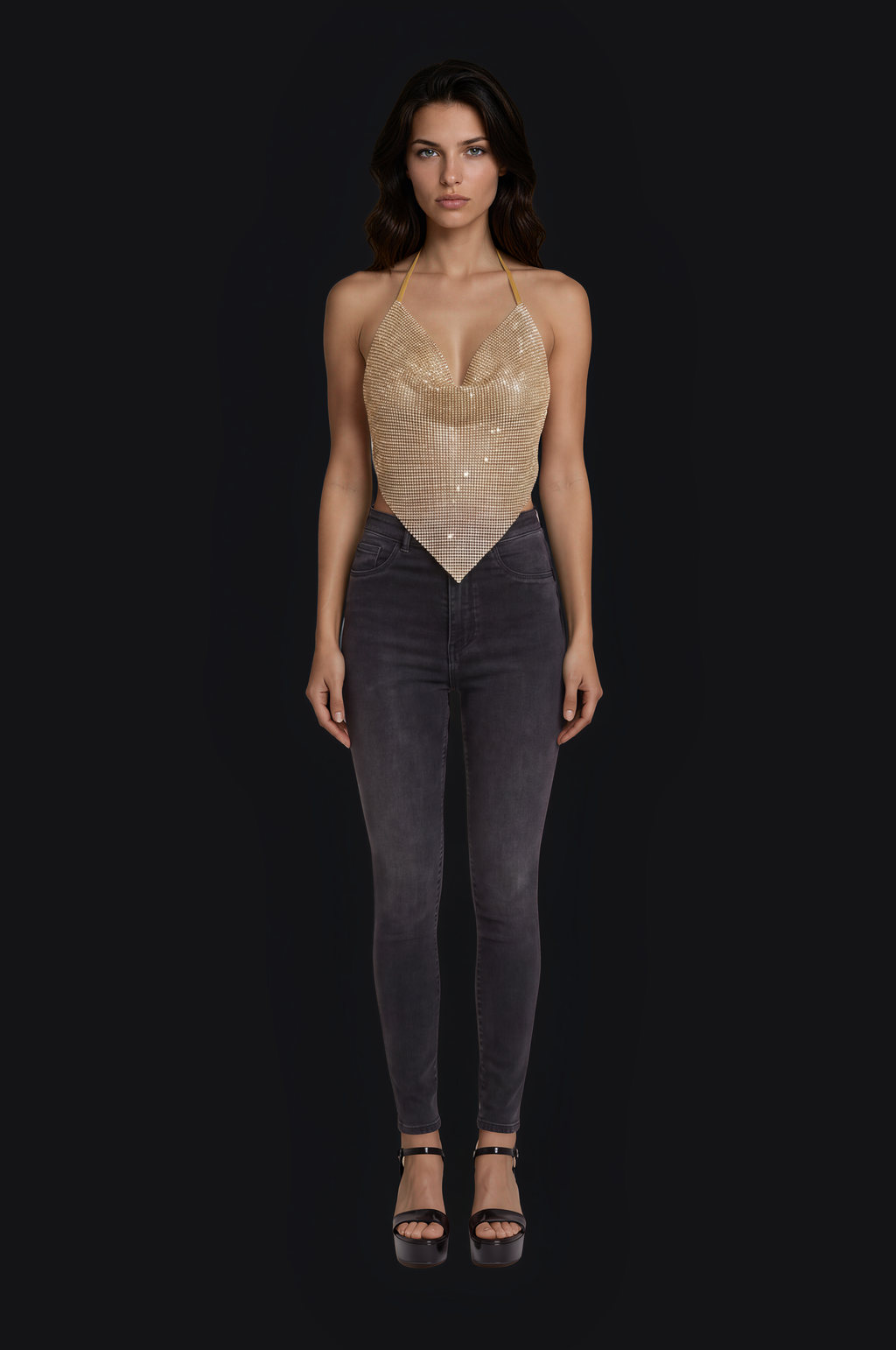 Crystal Mesh Triangle Top – Gold — Women