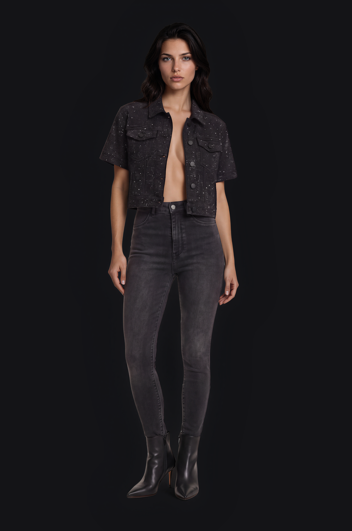 Crystal Cropped Denim Jacket – Black