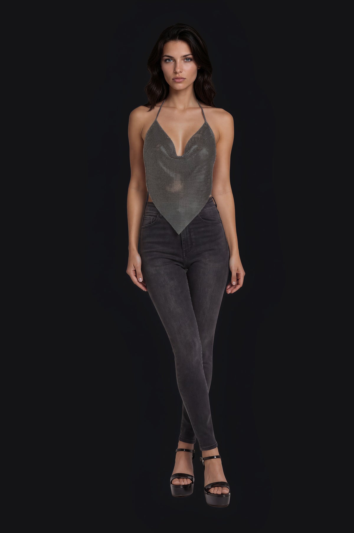Crystal Mesh Triangle Top – Black — Women