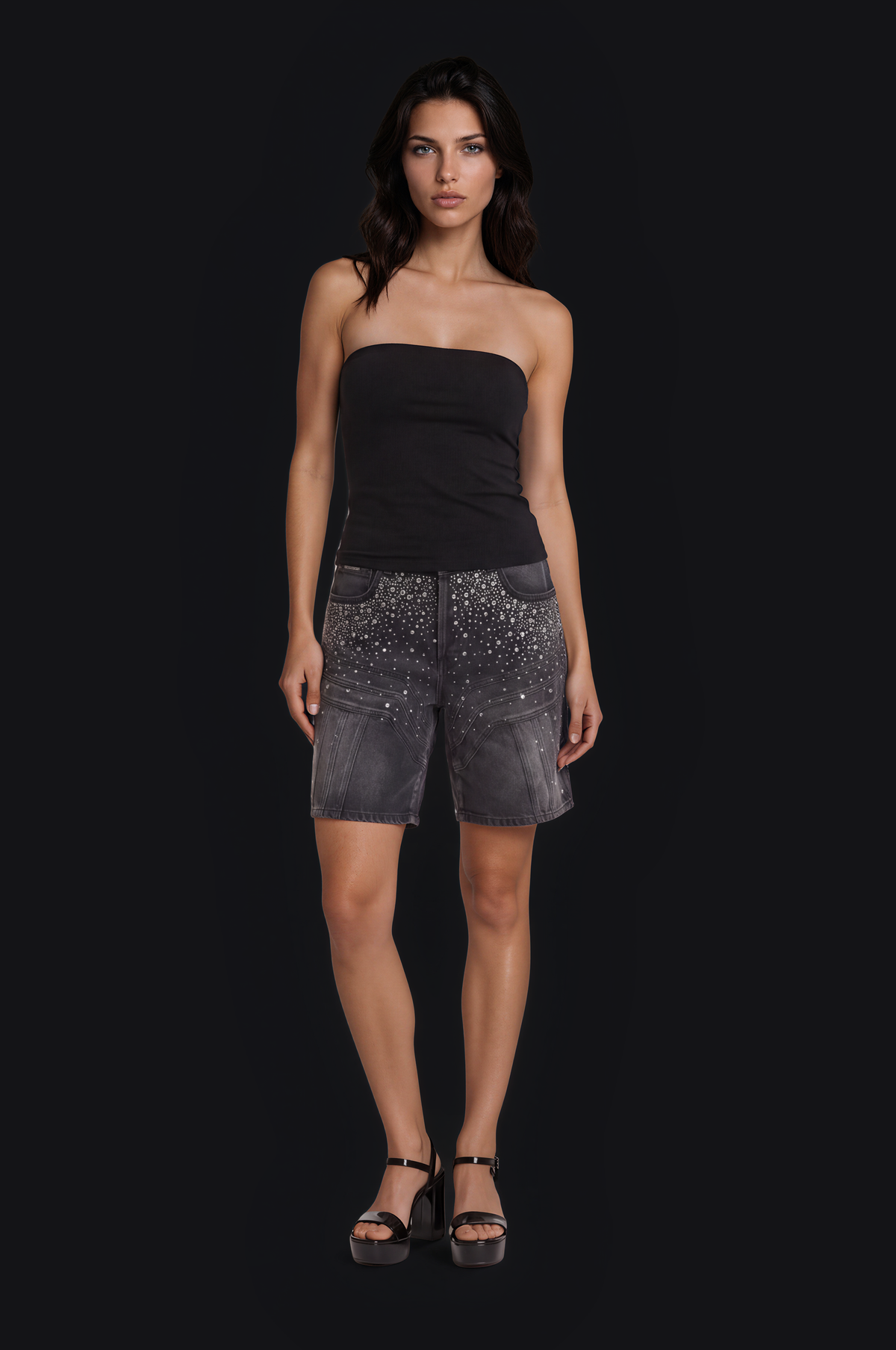 Crystal Splash Denim Shorts – Black