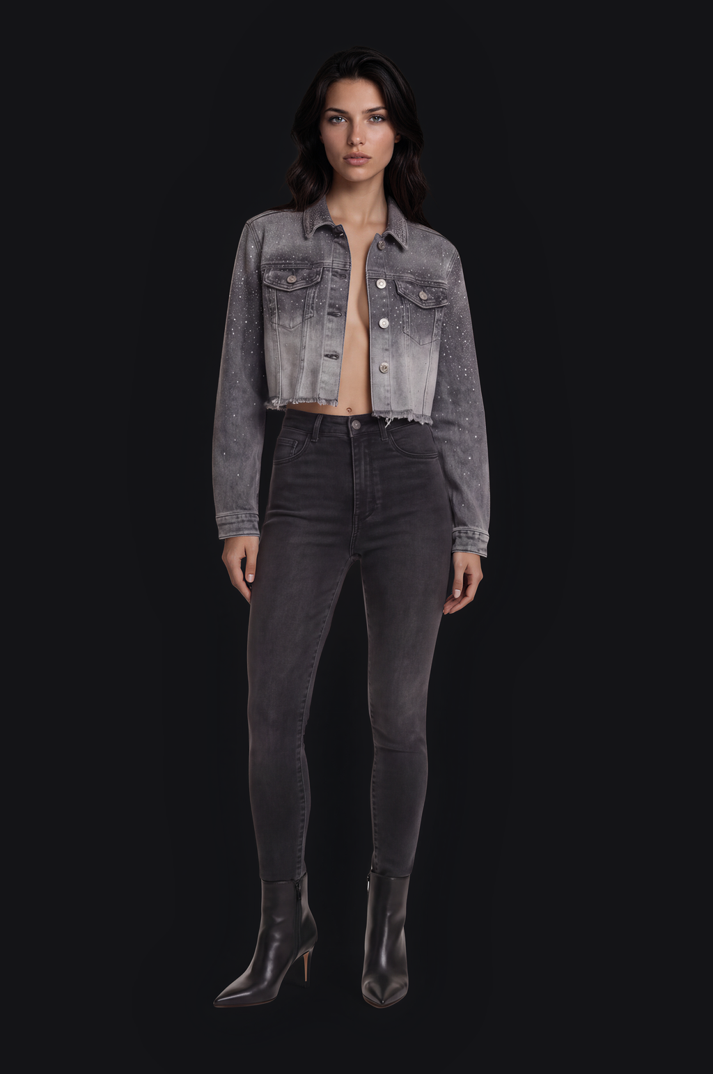 Crystal Cropped Denim Jacket – Grey