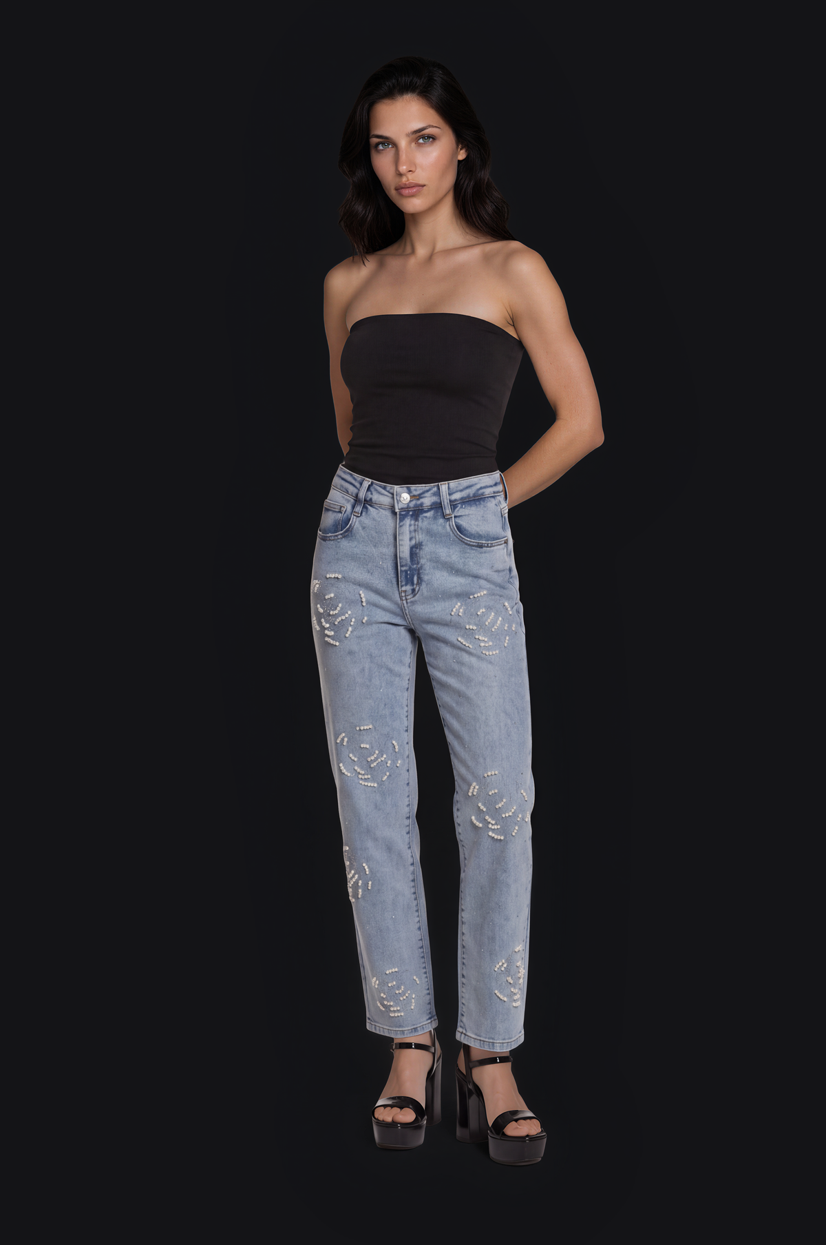 Crystal Flower Jeans – Blue