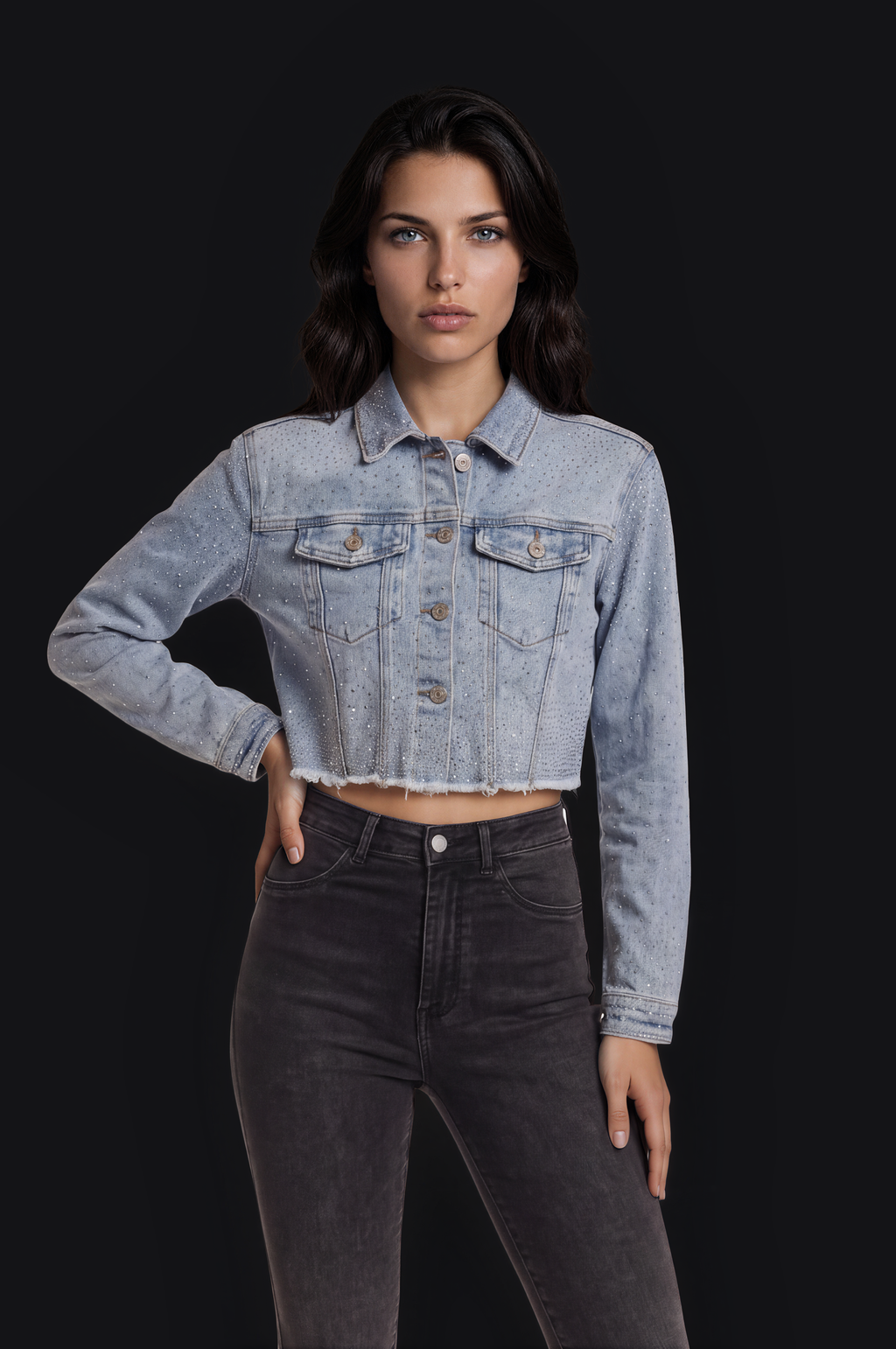 Crystal Cropped Denim Jacket – Blue