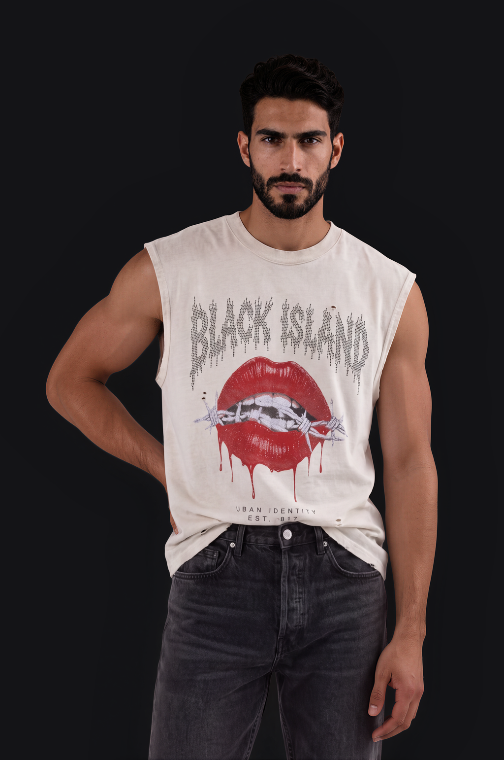 Black Island Lips Sleeveless Tee – White