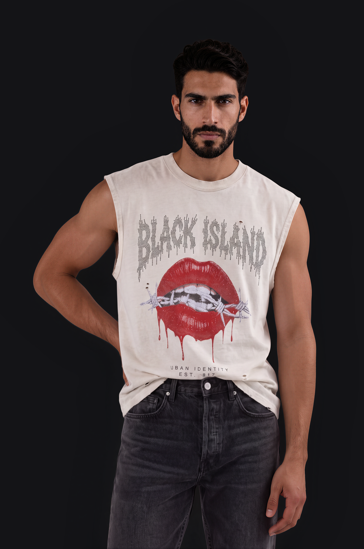 Black Island Lips Sleeveless Tee – White