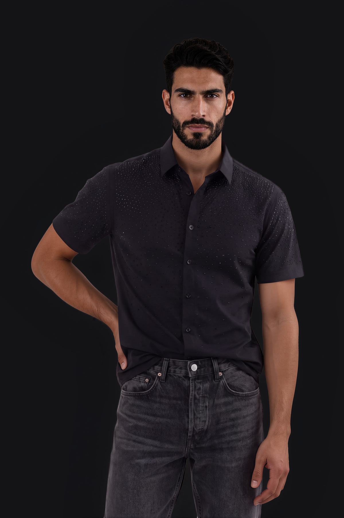 Black Ombré Crystal Short-Sleeve Shirt – Black — Men