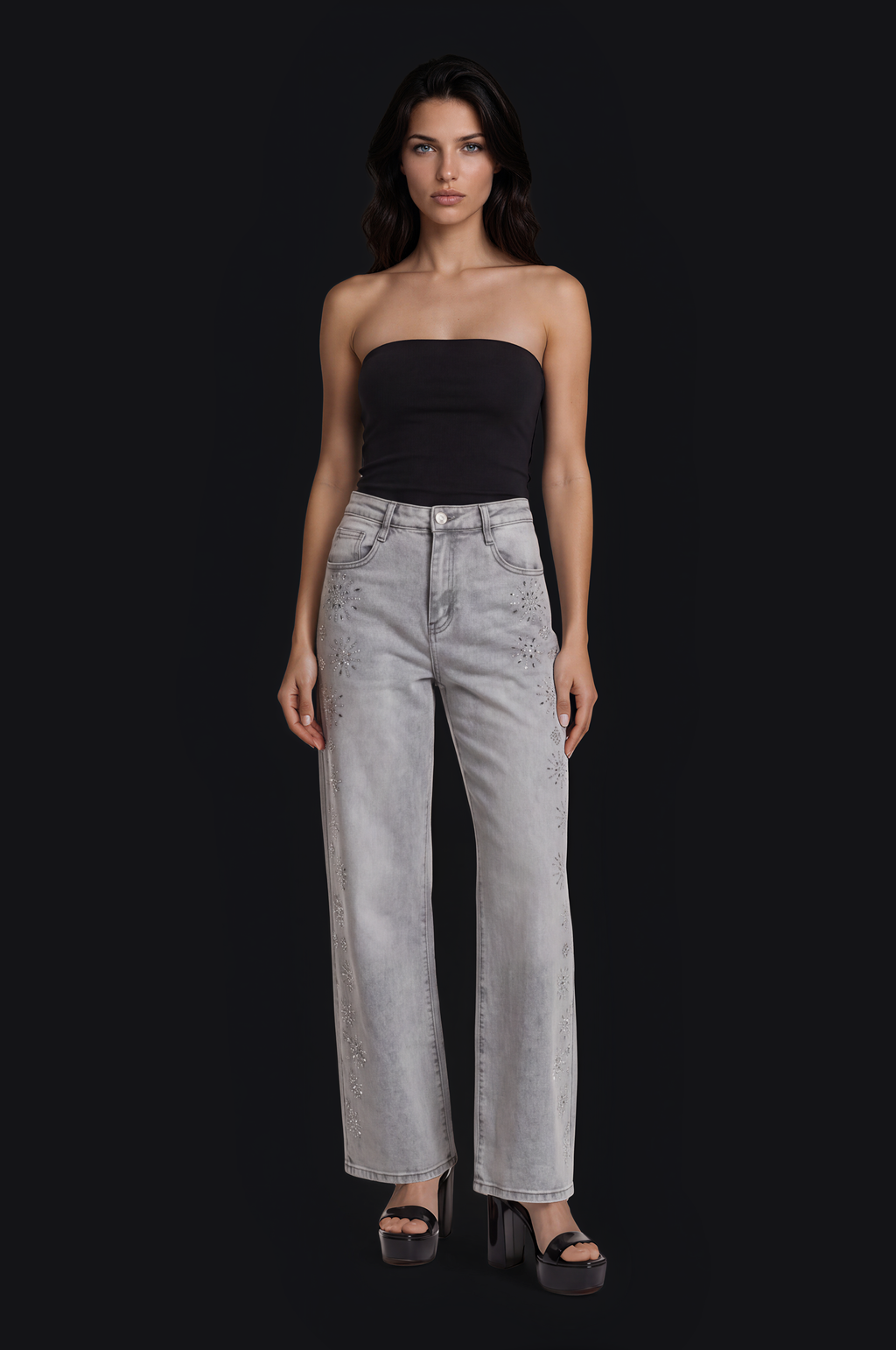 Crystal Flower Jeans – Light Grey