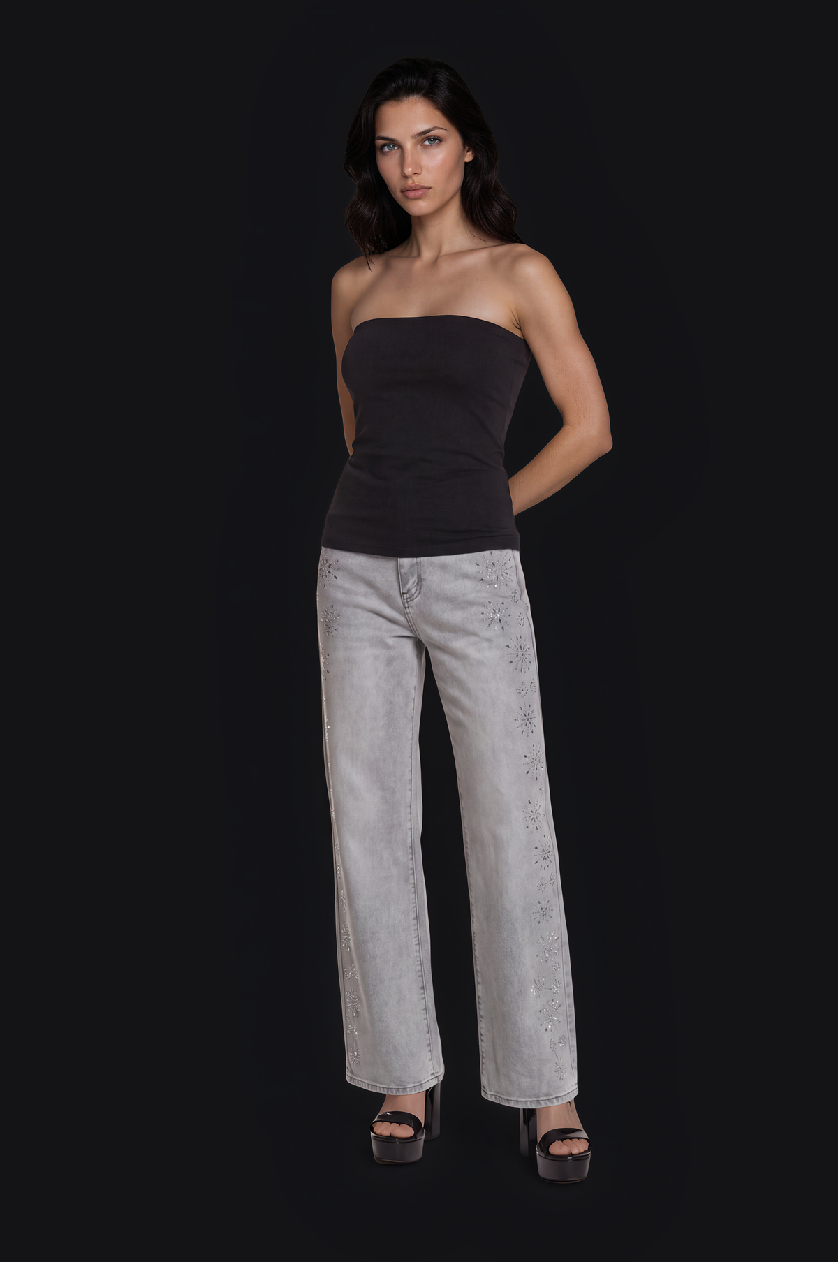 Crystal Flower Jeans – Light Grey