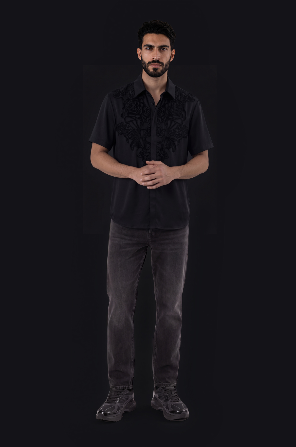 Laser-Cut Floral Shirt – Black