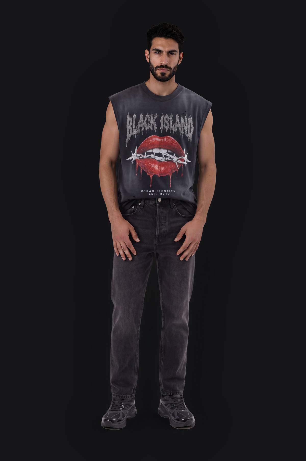 Black Island Lips Sleeveless Tee – Black — Men