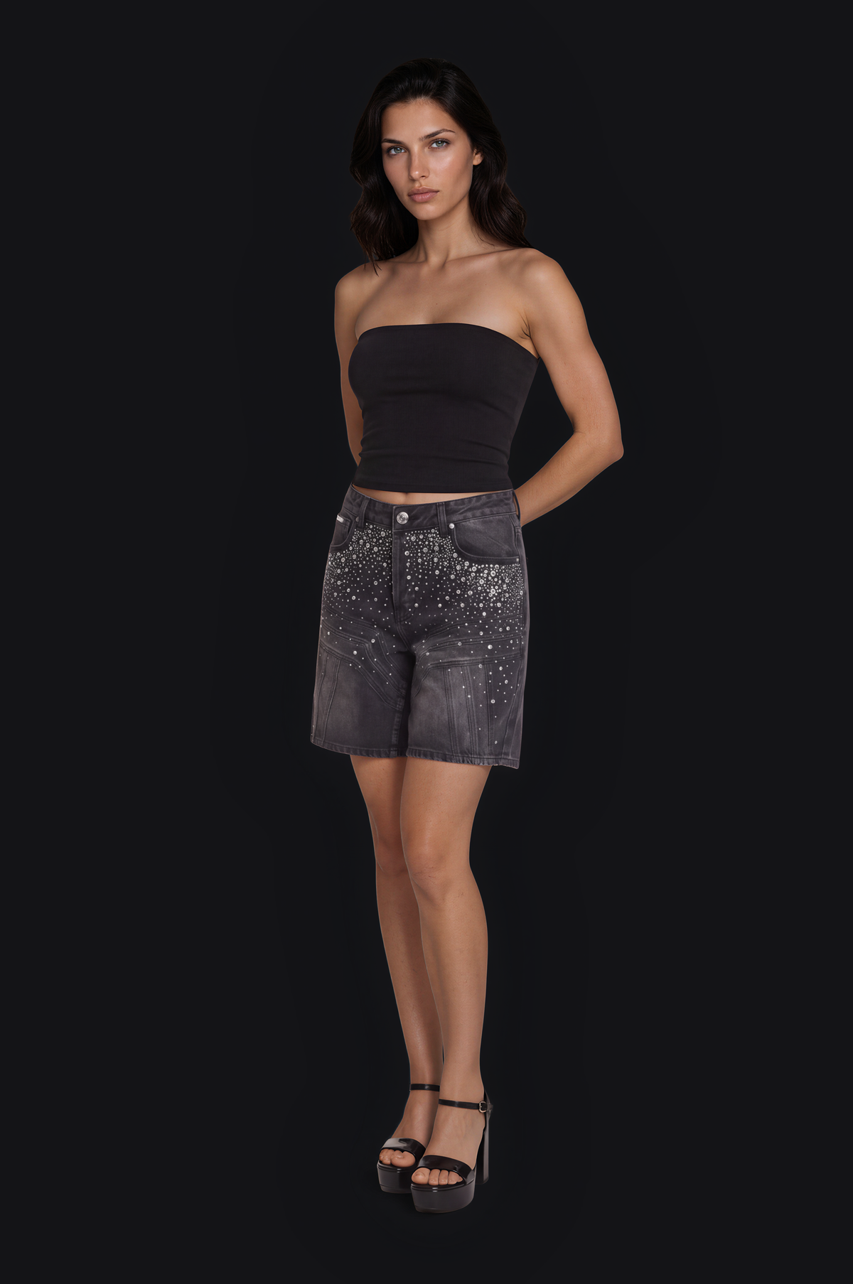 Crystal Splash Denim Shorts – Black