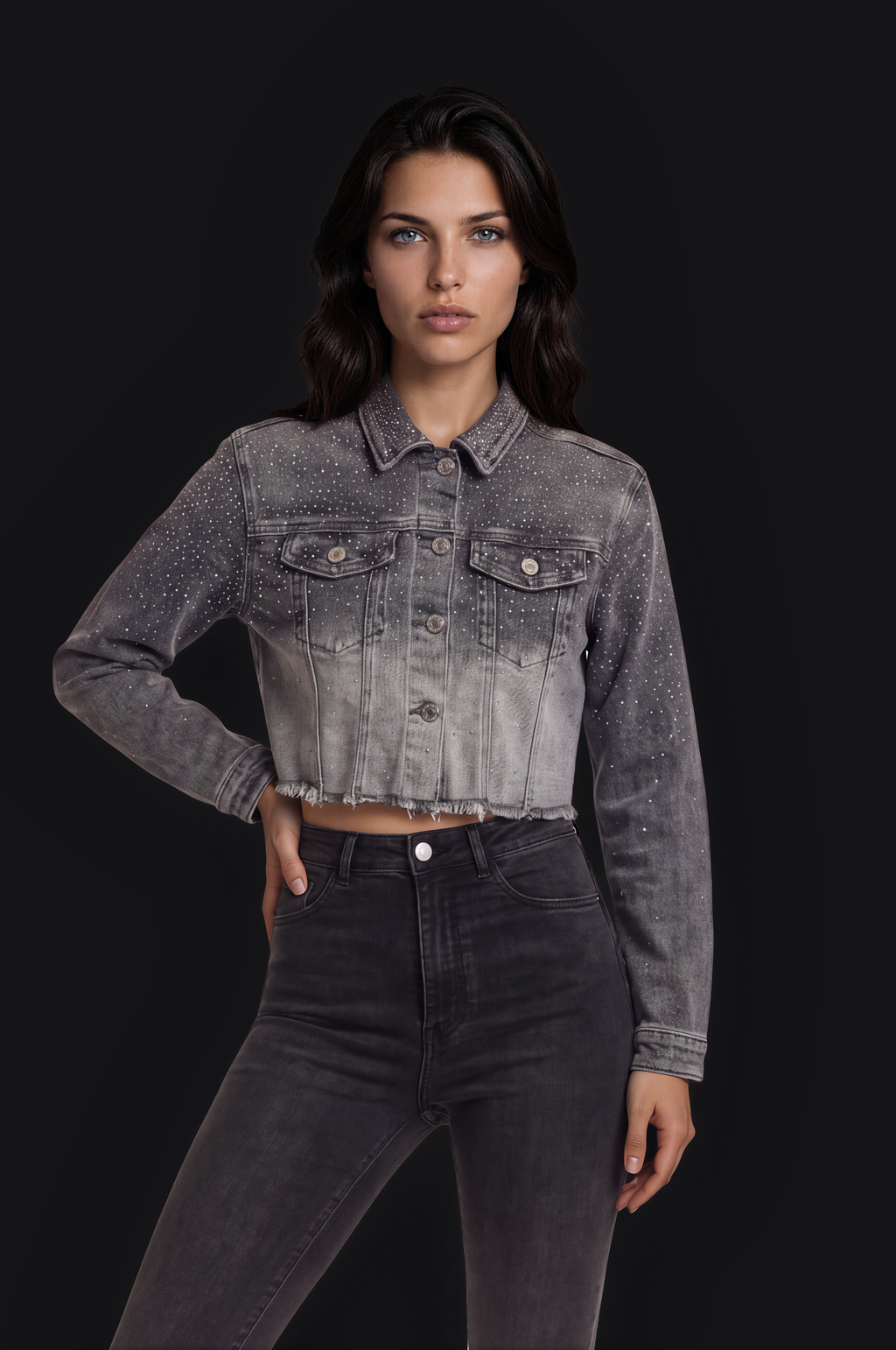 Crystal Cropped Denim Jacket – Grey