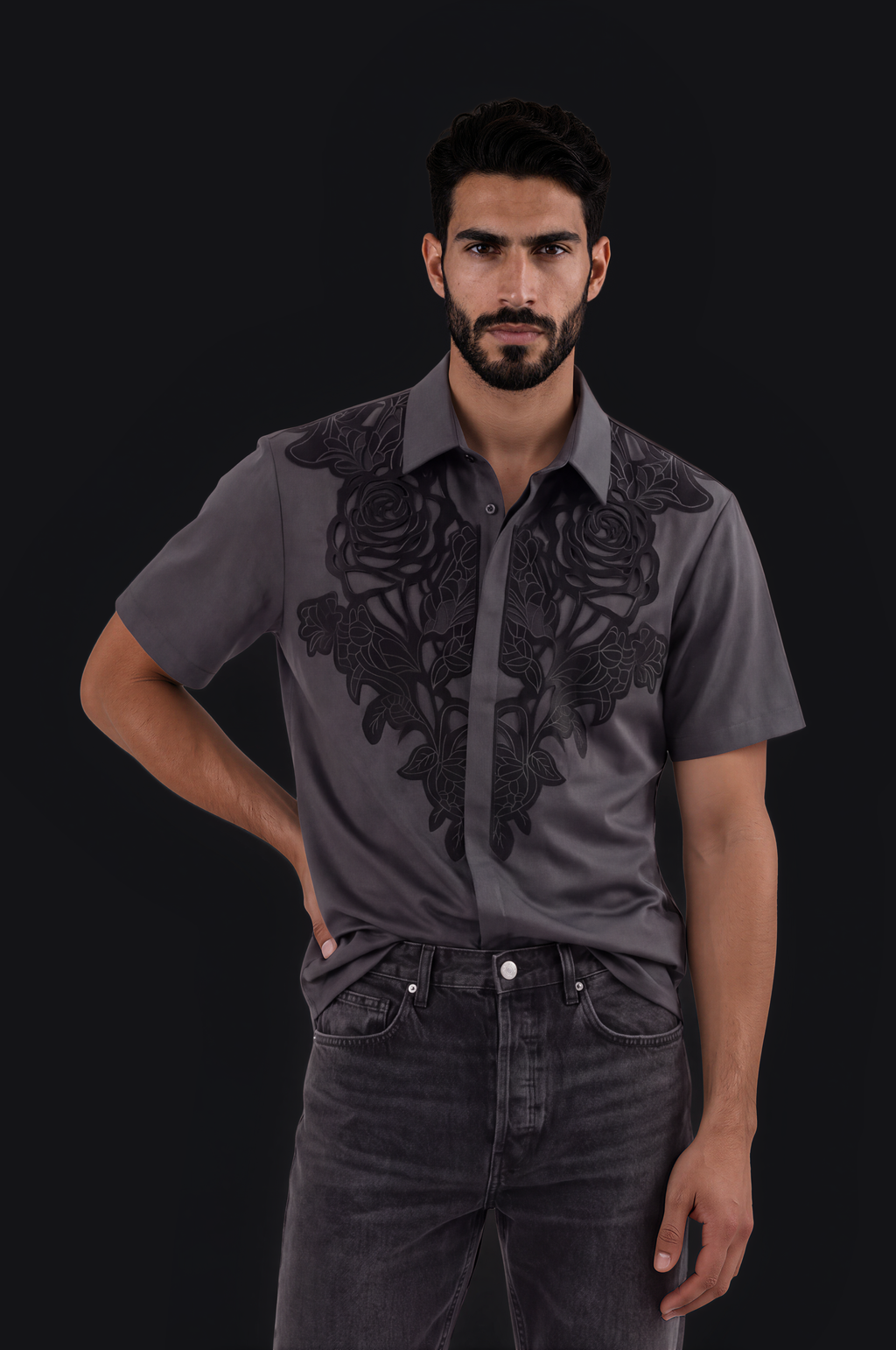 Laser-Cut Floral Shirt – Black
