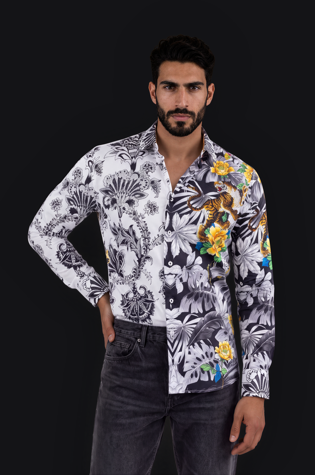 Tiger & Dragon Crystal Shirt – White & Black — Men