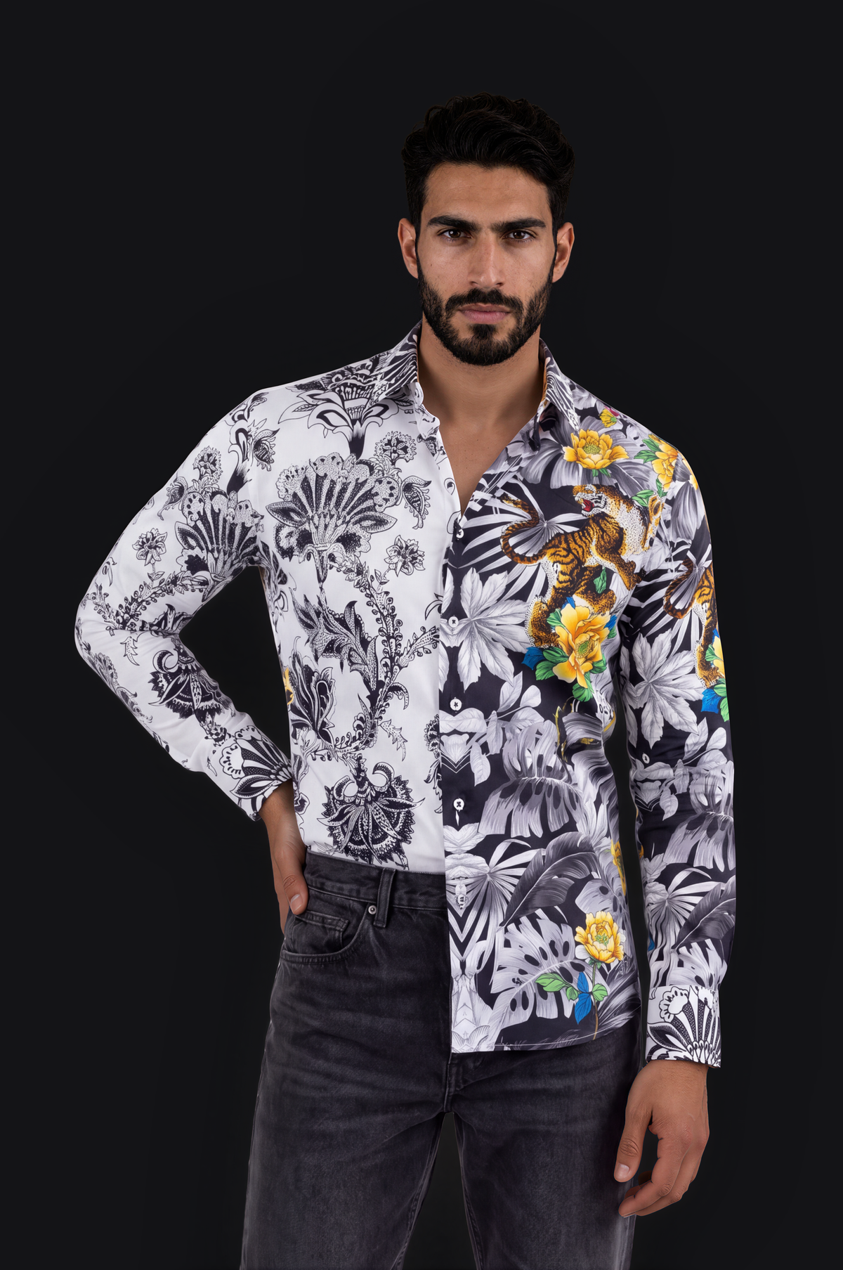 Tiger & Dragon Crystal Shirt – White & Black — Men