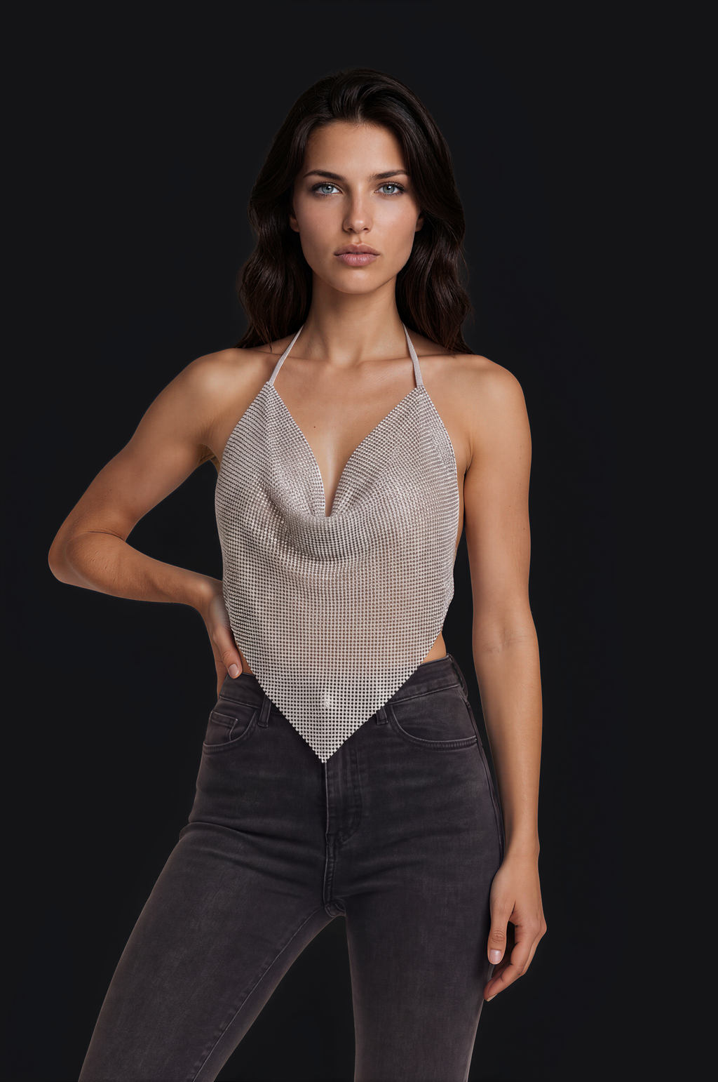 Crystal Mesh Halter Top – Silver